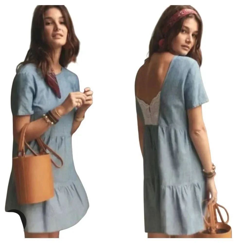 Sezane Garance in Chambray Blue Cotton Linen Tiered Dress 38 / US 6
